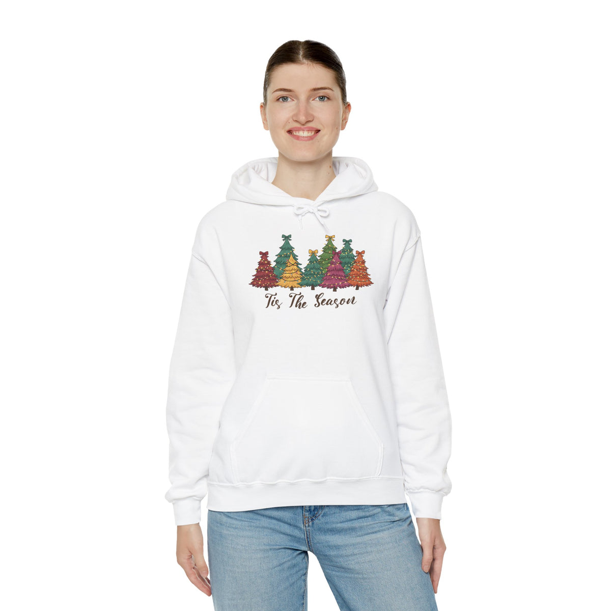 Model wearing the white Tis The Season Christmas Trees Hoodie