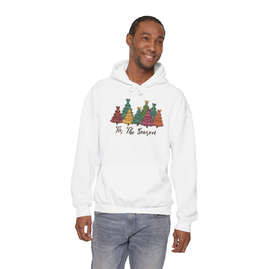 Model wearing the white Tis The Season Christmas Trees Hoodie