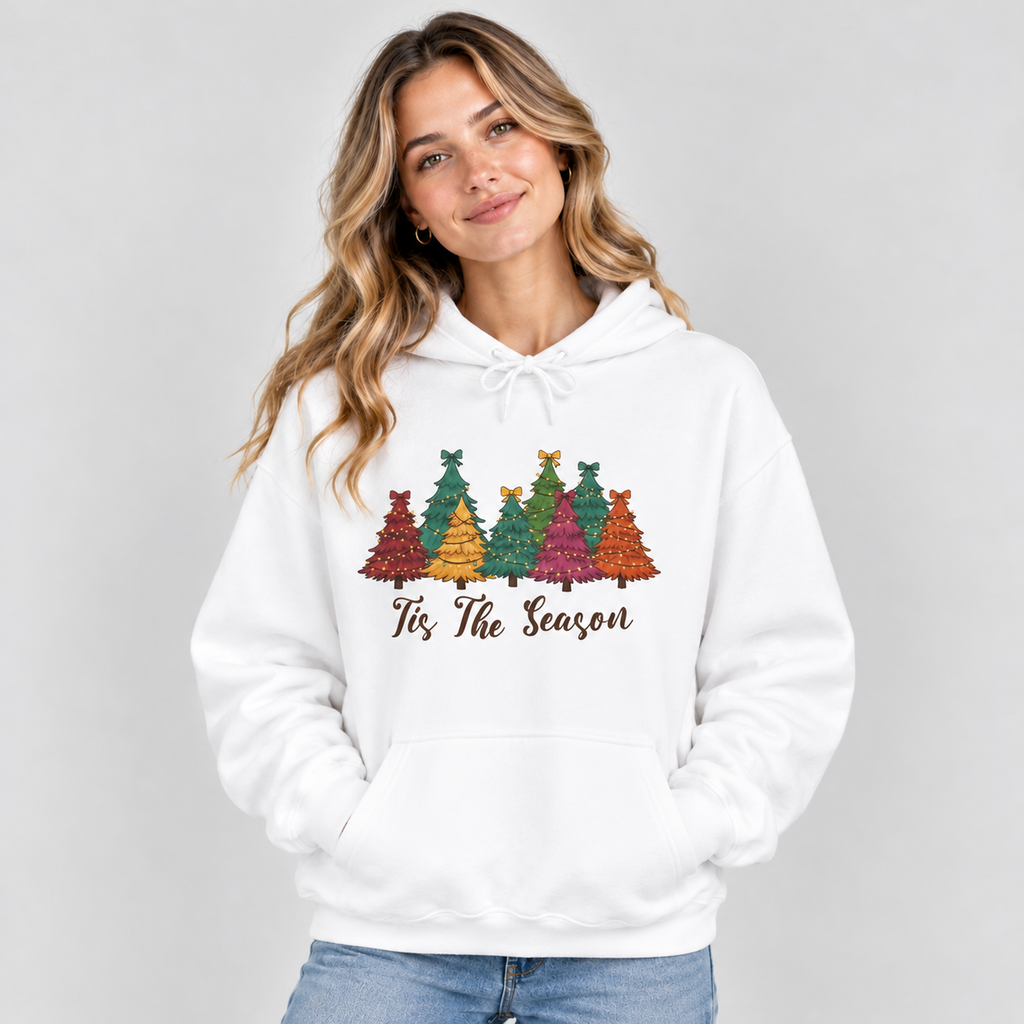 Woman wearing the White Tis The Season Christmas Trees Hoodie with jeans