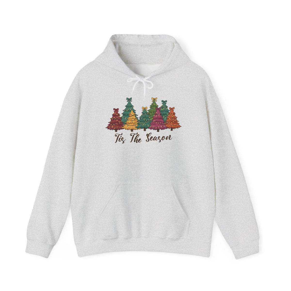 Ash Tis The Season Christmas Trees hoodie with colorful patterned Christmas trees and script lettering, front view