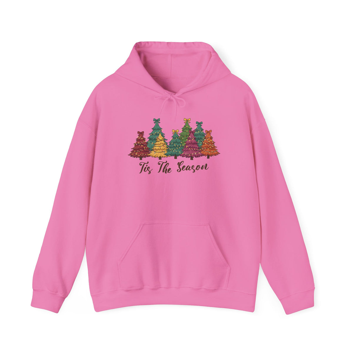 Azalea Tis The Season Christmas Trees hoodie with colorful patterned Christmas trees and script lettering, front view