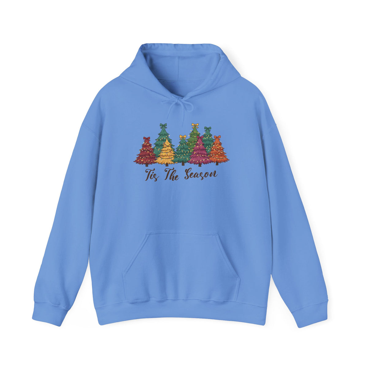 Carolina Blue Tis The Season Christmas Trees hoodie with colorful patterned Christmas trees and script lettering, front view