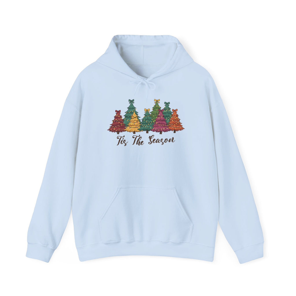 Light Blue Tis The Season Christmas Trees hoodie with colorful patterned Christmas trees and script lettering, front view