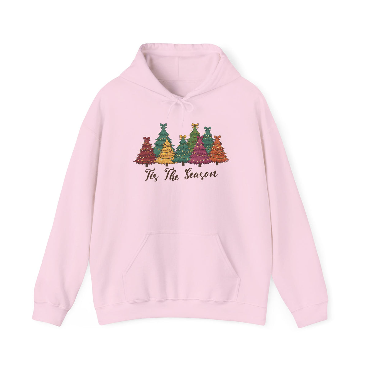 Light Pink Tis The Season Christmas Trees hoodie with colorful patterned Christmas trees and script lettering, front view