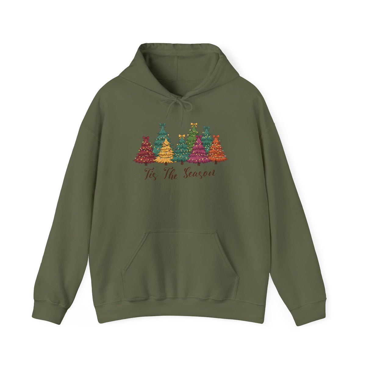 Military Green Tis The Season Christmas Trees hoodie with colorful patterned Christmas trees and script lettering, front view