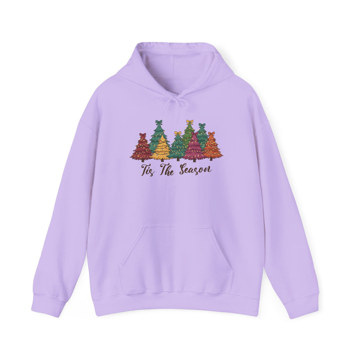 Orchid Tis The Season Christmas Trees hoodie with colorful patterned Christmas trees and script lettering, front view