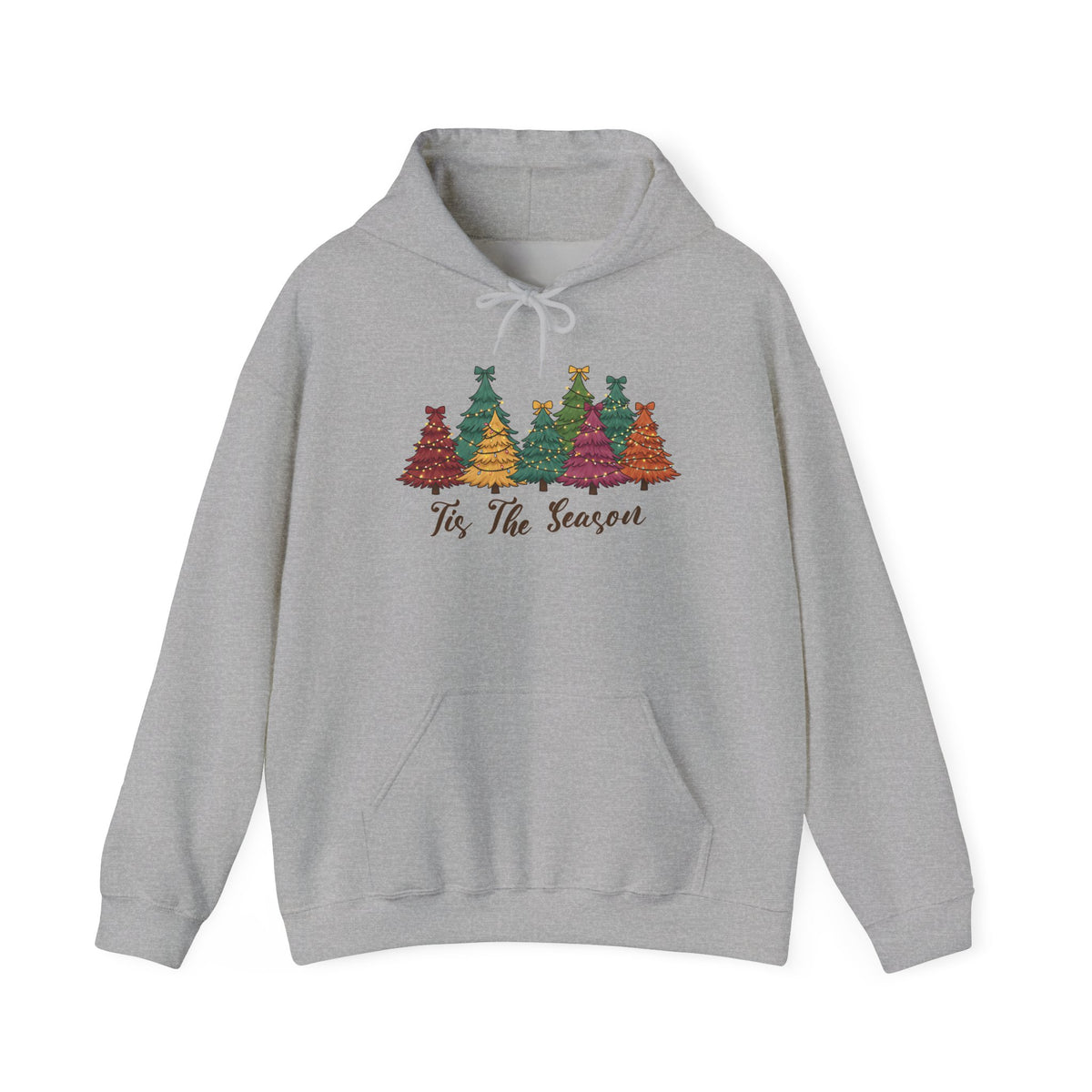 Sport Grey Tis The Season Christmas Trees hoodie with colorful patterned Christmas trees and script lettering, front view