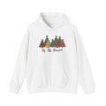 White Tis The Season Christmas Trees hoodie with colorful patterned Christmas trees and script lettering, front view