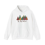 White Tis The Season Christmas Trees hoodie with colorful patterned Christmas trees and script lettering, front view