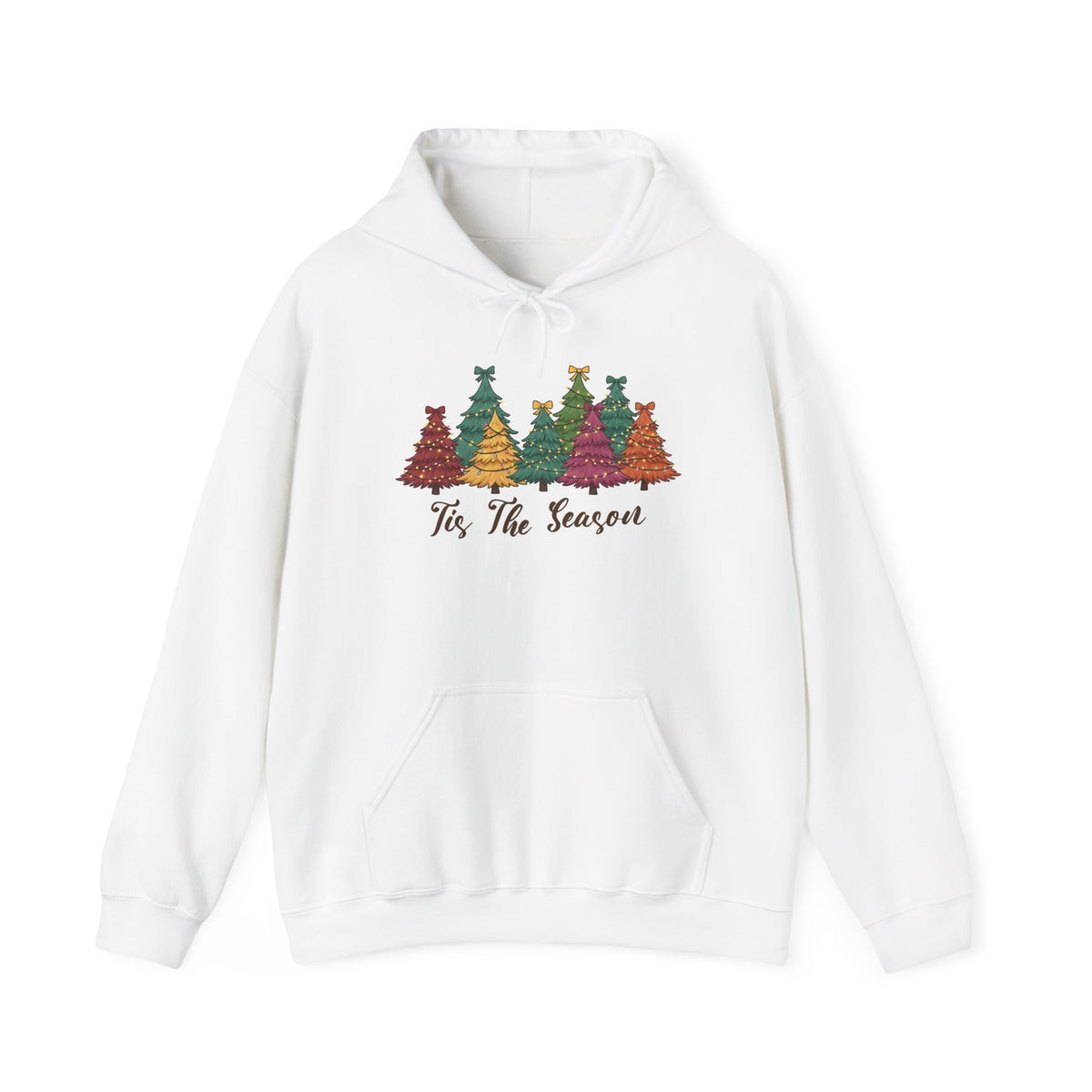 White Tis The Season Christmas Trees hoodie with colorful patterned Christmas trees and script lettering, front view