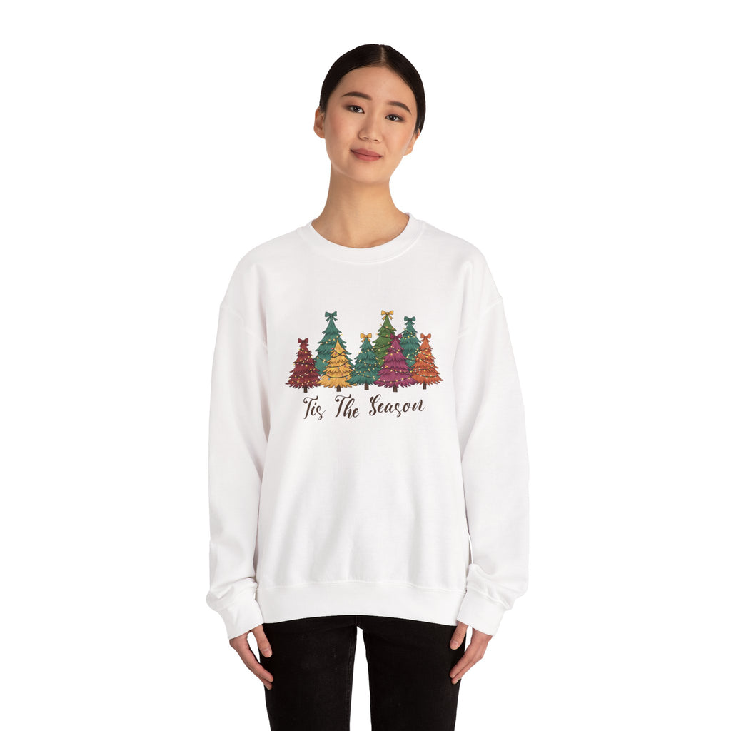Model wearing the white Tis The Season Christmas Trees Sweatshirt