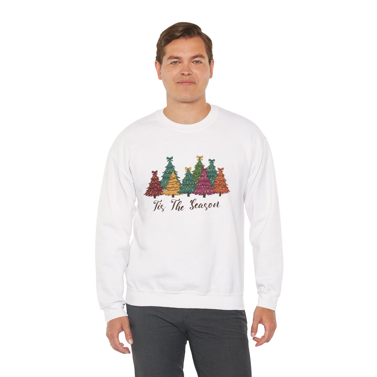 Model wearing the white Tis The Season Christmas Trees Sweatshirt