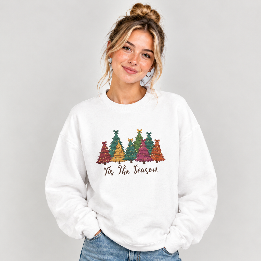 Woman wearing the White Tis The Season Christmas Trees Sweatshirt with jeans
