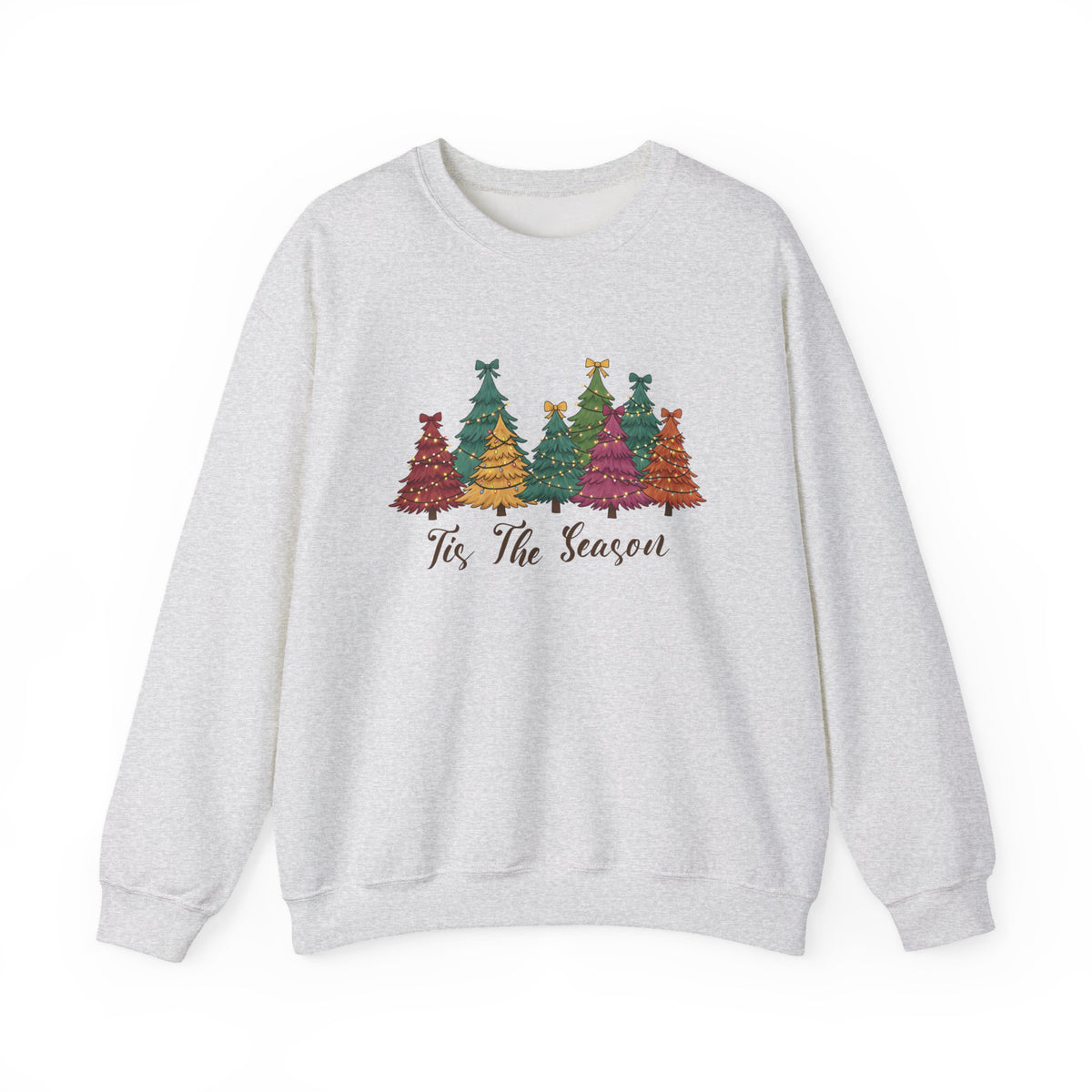 Ash Tis The Season Christmas Trees sweatshirt with colorful patterned Christmas trees and script lettering, front view