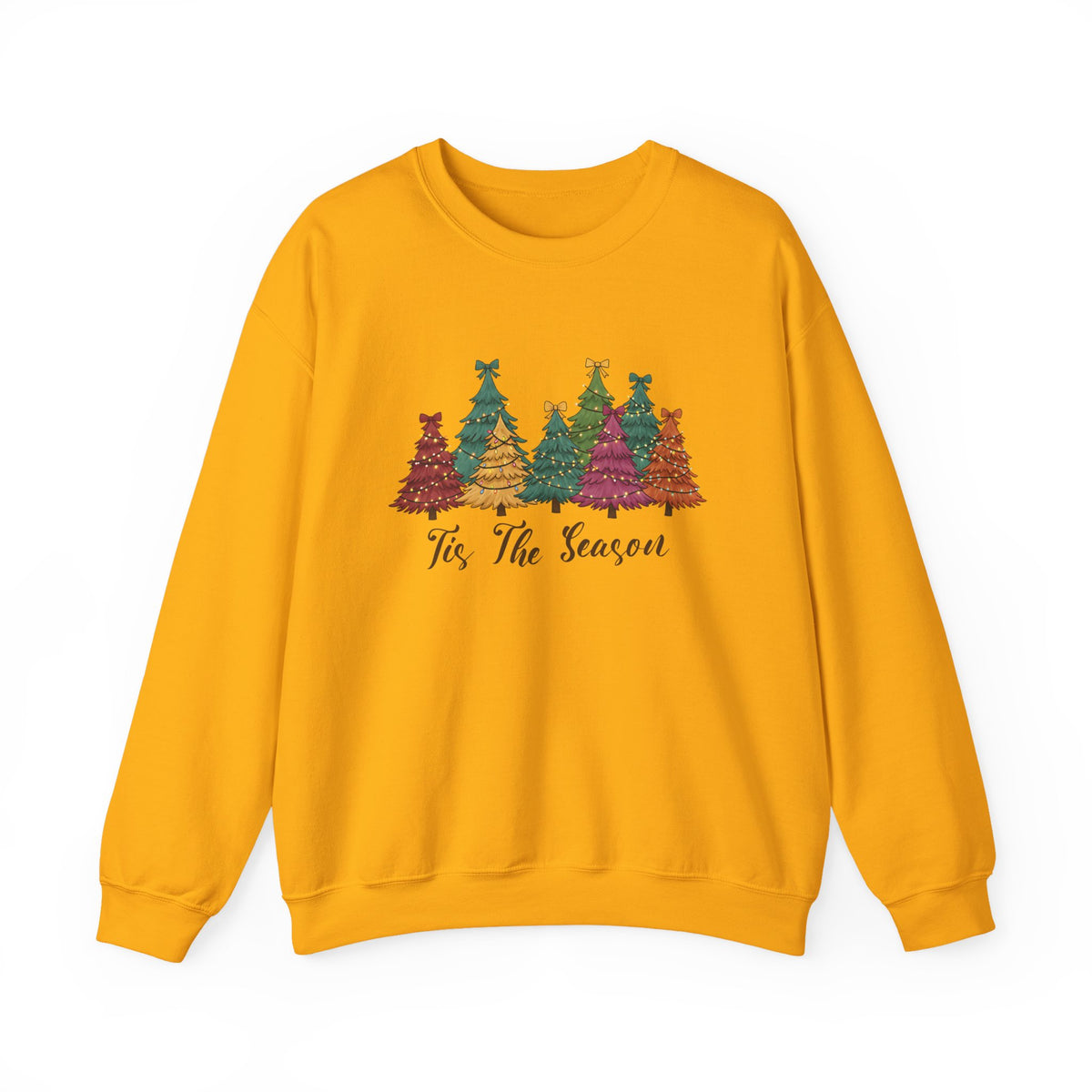 Gold Tis The Season Christmas Trees sweatshirt with colorful patterned Christmas trees and script lettering, front view