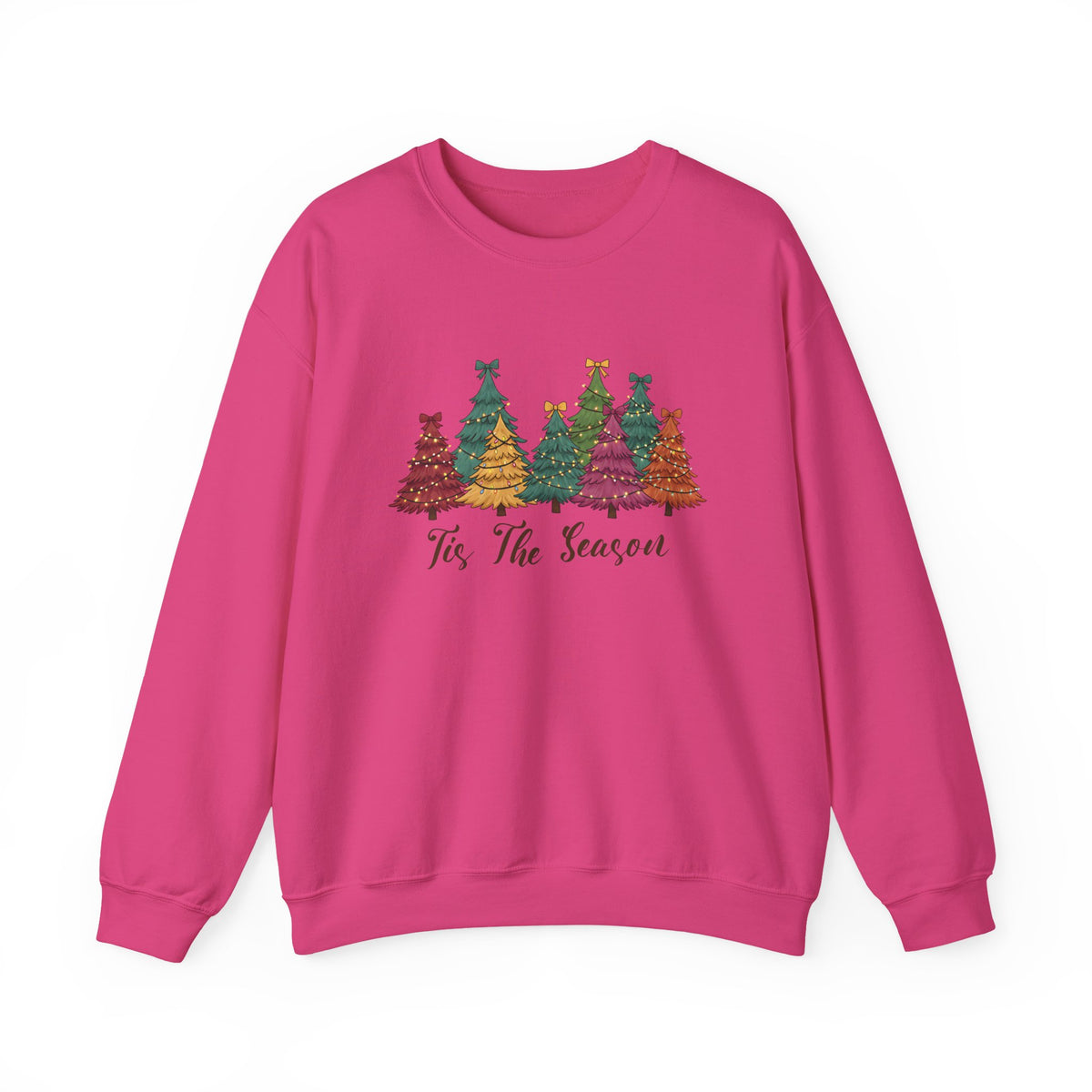 Heliconia Tis The Season Christmas Trees sweatshirt with colorful patterned Christmas trees and script lettering, front view