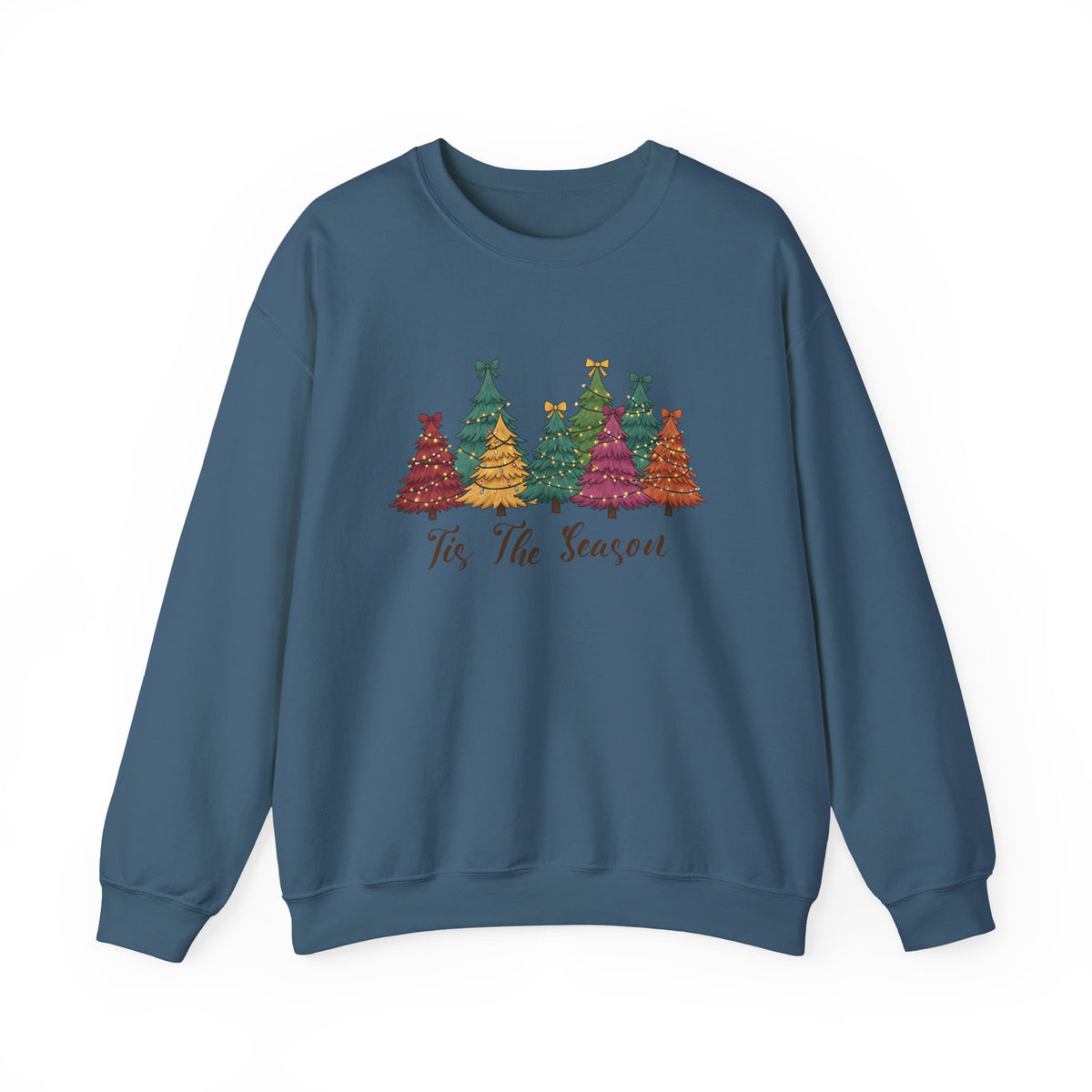 Indigo Blue Tis The Season Christmas Trees sweatshirt with colorful patterned Christmas trees and script lettering, front view