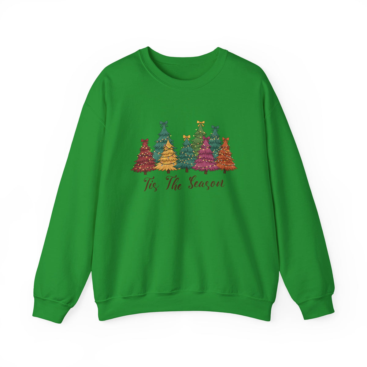 Irish Green Tis The Season Christmas Trees sweatshirt with colorful patterned Christmas trees and script lettering, front view