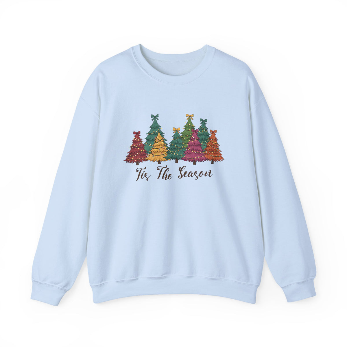 Light Blue Tis The Season Christmas Trees sweatshirt with colorful patterned Christmas trees and script lettering, front view