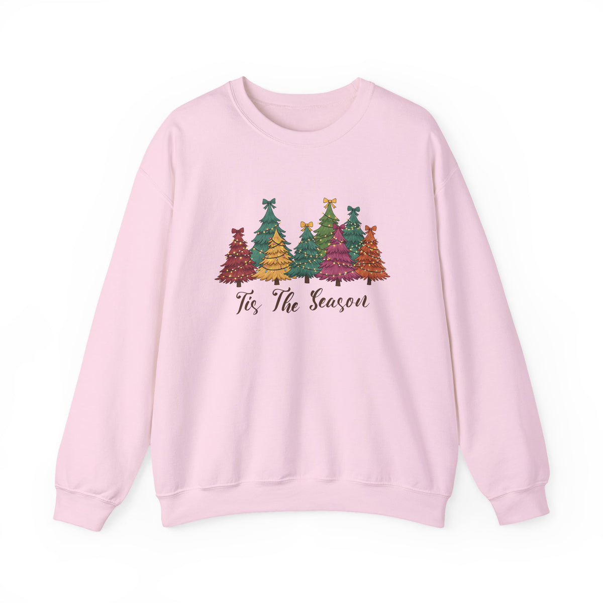 Light Pink Tis The Season Christmas Trees sweatshirt with colorful patterned Christmas trees and script lettering, front view