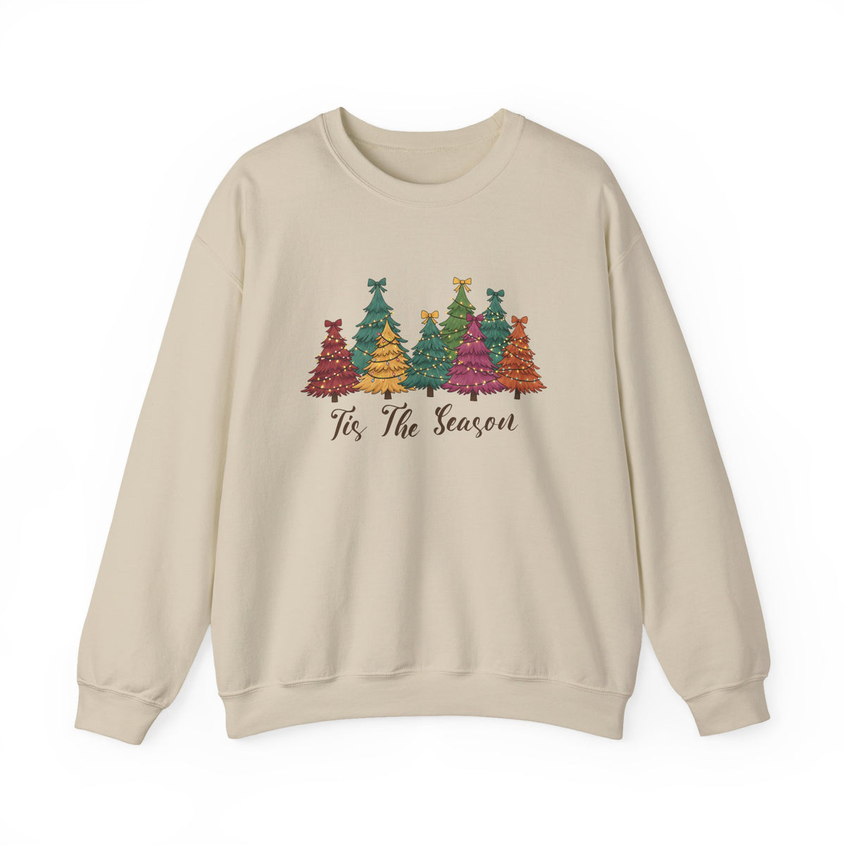 Sand Tis The Season Christmas Trees sweatshirt with colorful patterned Christmas trees and script lettering, front view