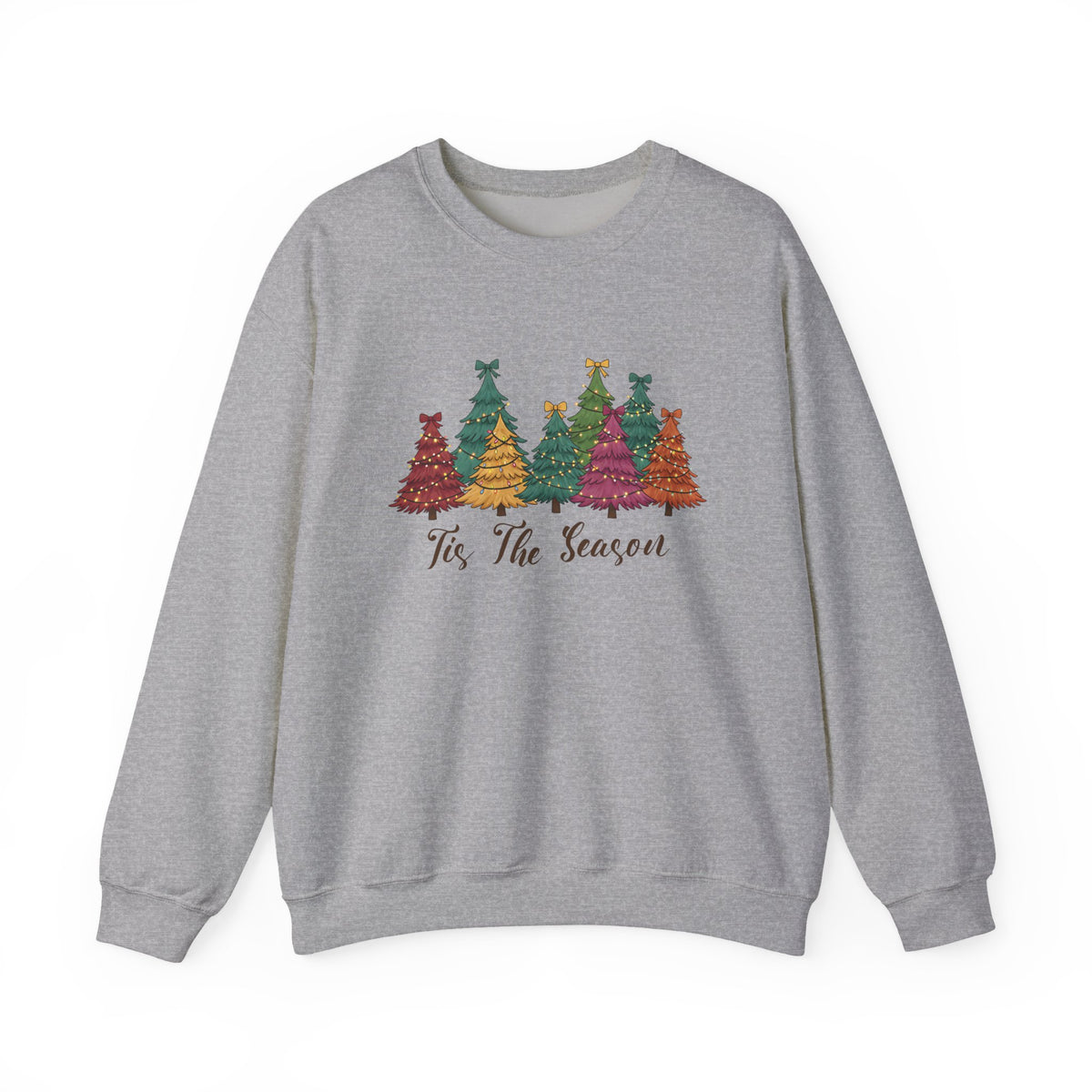 Sport Grey Tis The Season Christmas Trees sweatshirt with colorful patterned Christmas trees and script lettering, front view