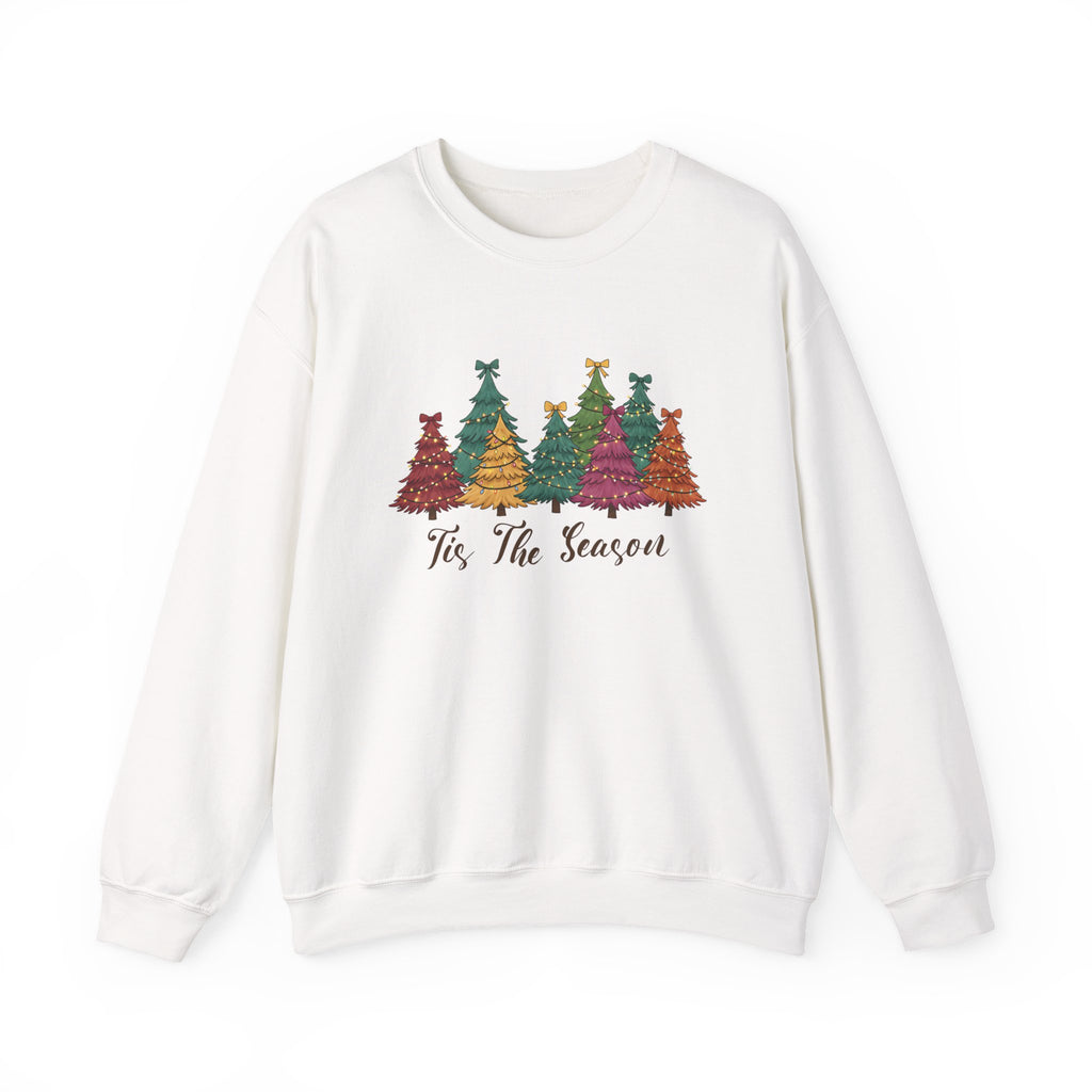 White Tis The Season Christmas Trees sweatshirt with colorful patterned Christmas trees and script lettering, front view