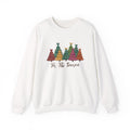 White Tis The Season Christmas Trees sweatshirt with colorful patterned Christmas trees and script lettering, front view