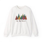 White Tis The Season Christmas Trees sweatshirt with colorful patterned Christmas trees and script lettering, front view