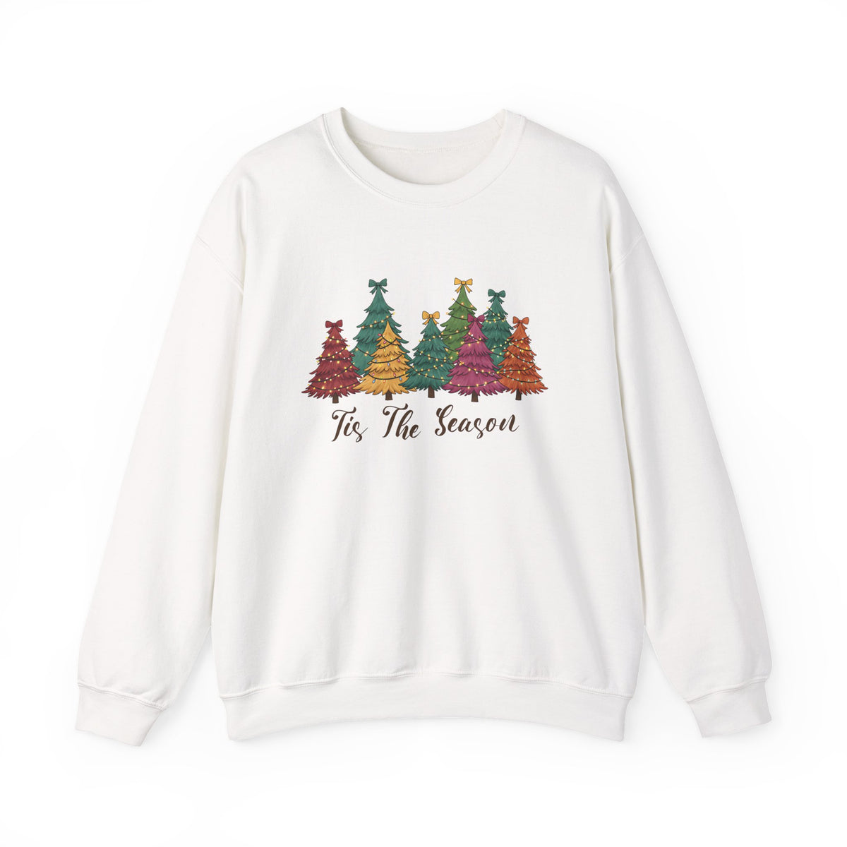 White Tis The Season Christmas Trees sweatshirt with colorful patterned Christmas trees and script lettering, front view