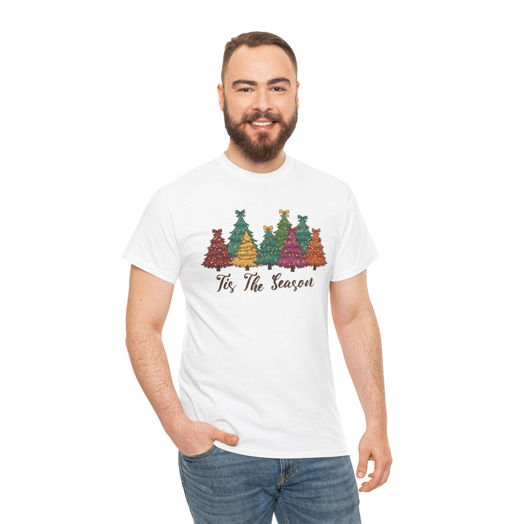 Model wearing the white Tis The Season Christmas Trees T-Shirt