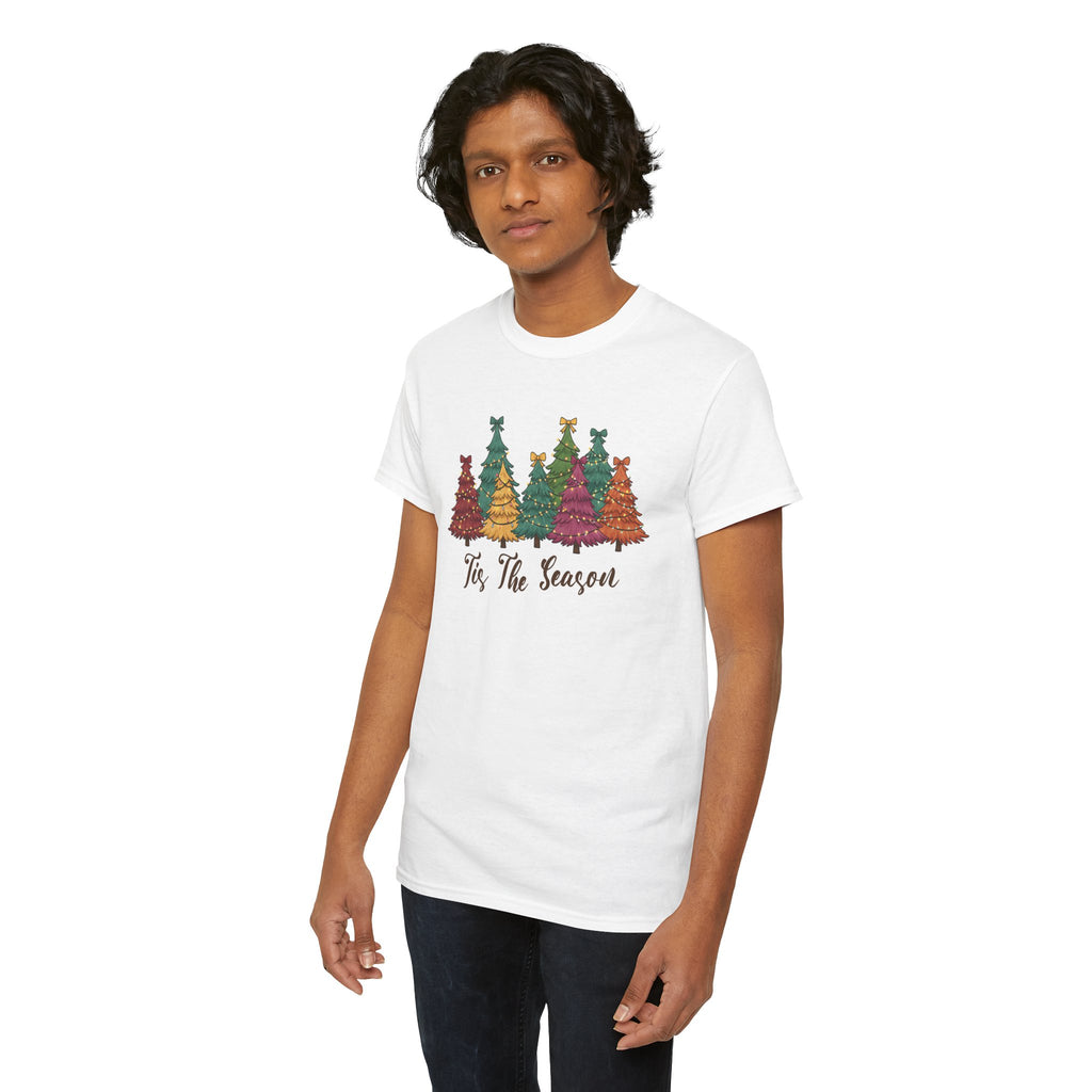 Model wearing the white Tis The Season Christmas Trees T-Shirt