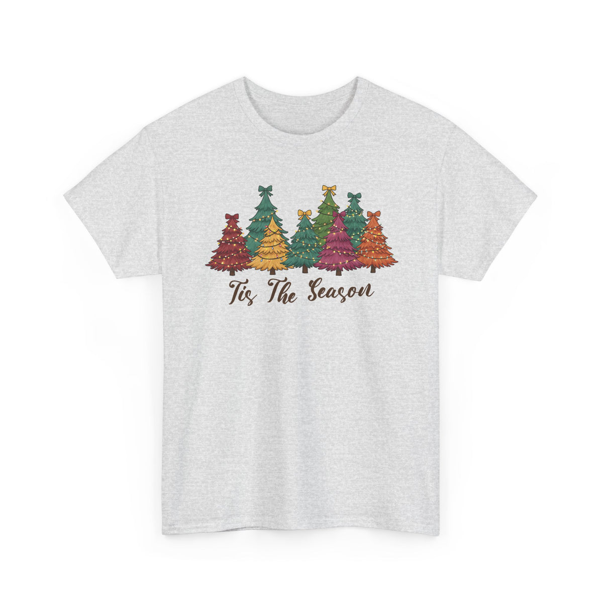 Ash Tis The Season Christmas Trees t-shirt with colorful patterned Christmas trees and script lettering, front view