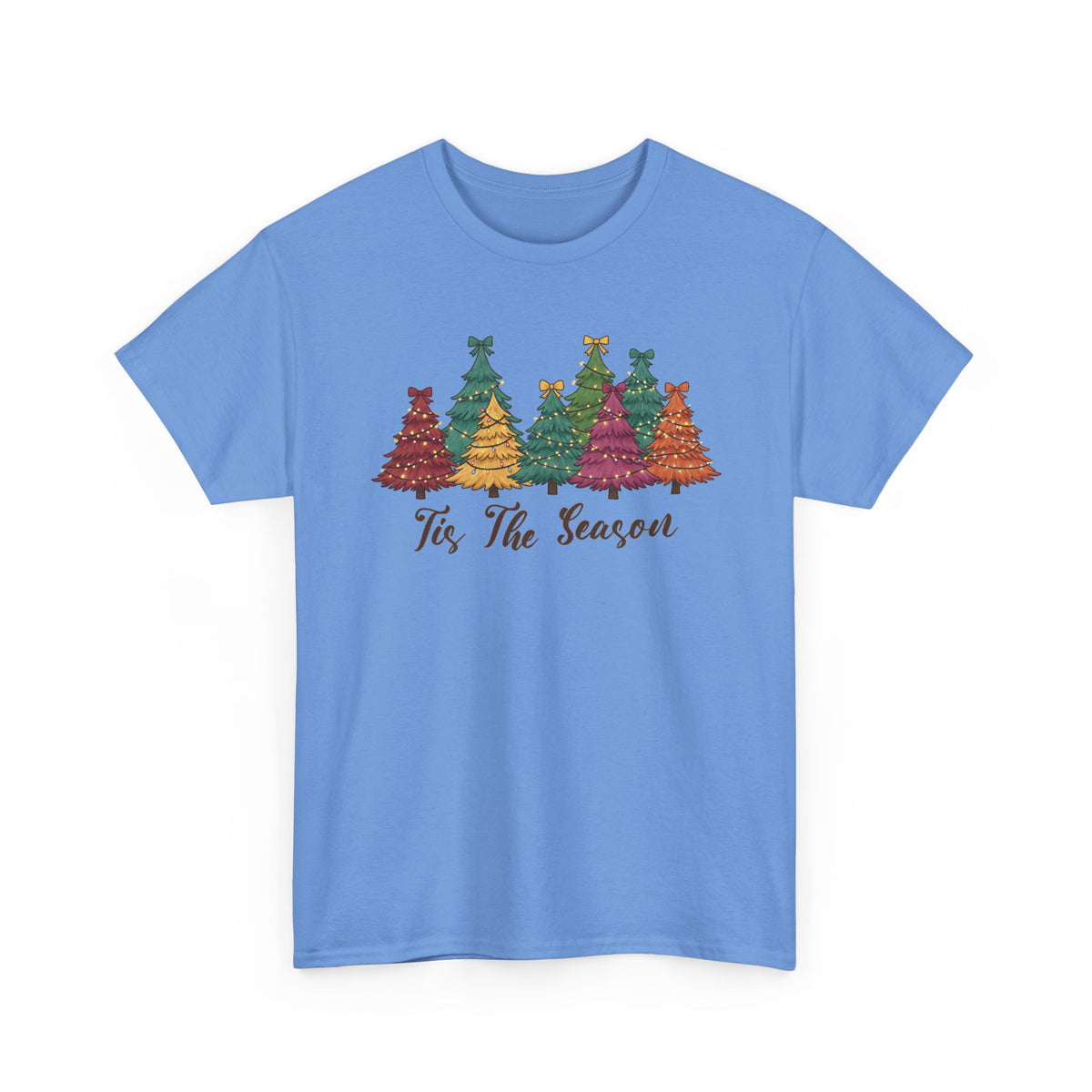 Carolina Blue Tis The Season Christmas Trees t-shirt with colorful patterned Christmas trees and script lettering, front view