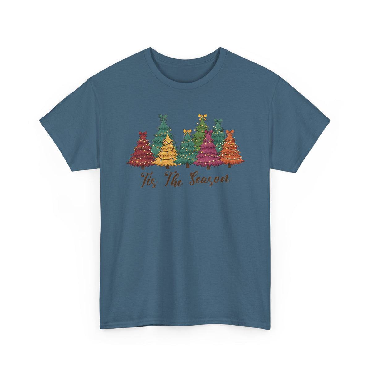 Indigo Blue Tis The Season Christmas Trees t-shirt with colorful patterned Christmas trees and script lettering, front view