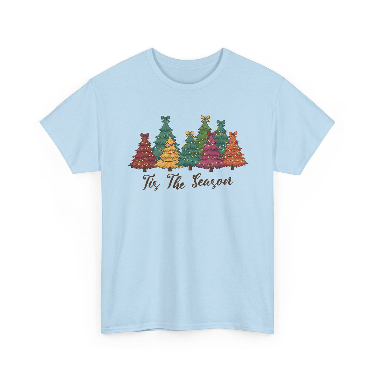 Light Blue Tis The Season Christmas Trees t-shirt with colorful patterned Christmas trees and script lettering, front view