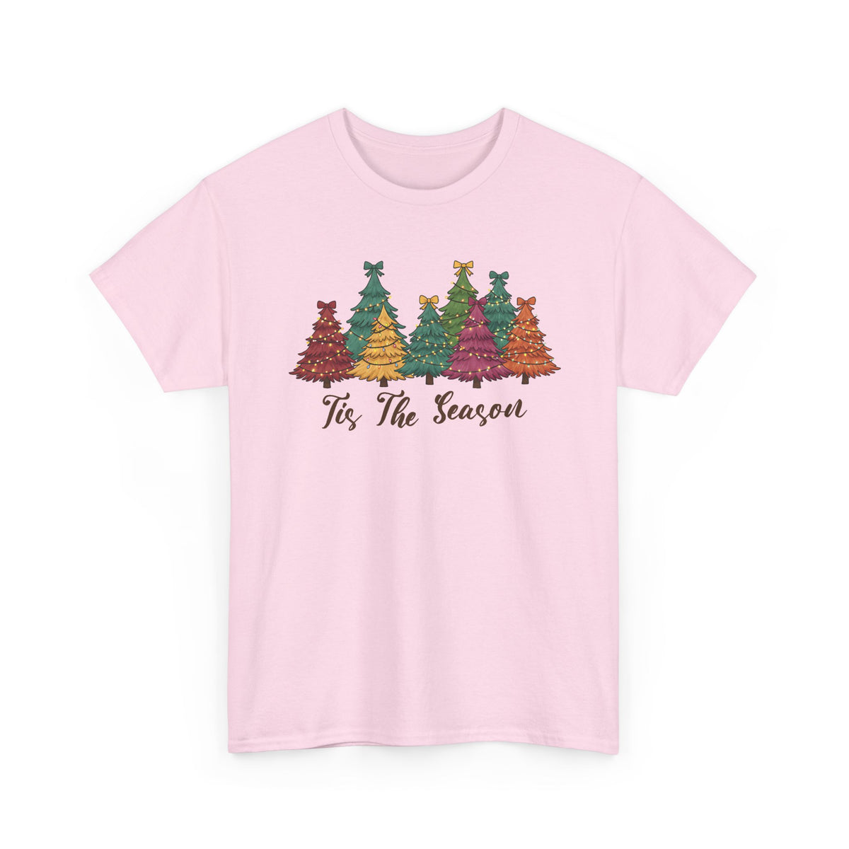 Light Pink Tis The Season Christmas Trees t-shirt with colorful patterned Christmas trees and script lettering, front view