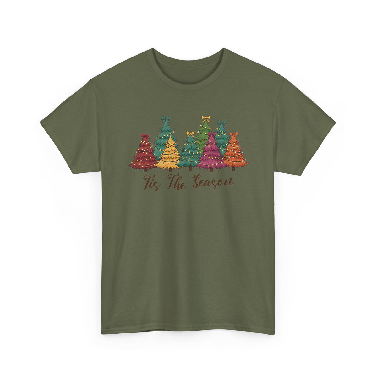 Military Green Tis The Season Christmas Trees t-shirt with colorful patterned Christmas trees and script lettering, front view