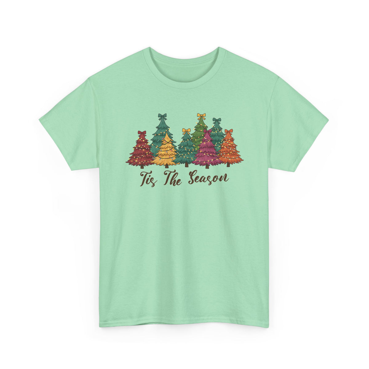 Mint Green Tis The Season Christmas Trees t-shirt with colorful patterned Christmas trees and script lettering, front view