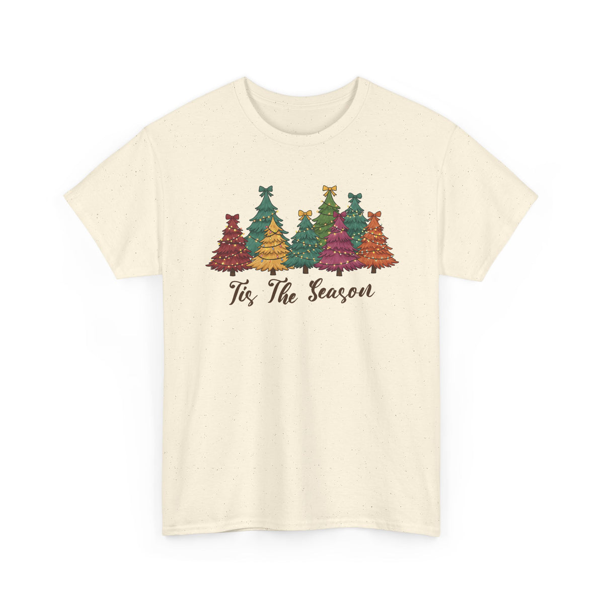 Natural Tis The Season Christmas Trees t-shirt with colorful patterned Christmas trees and script lettering, front view