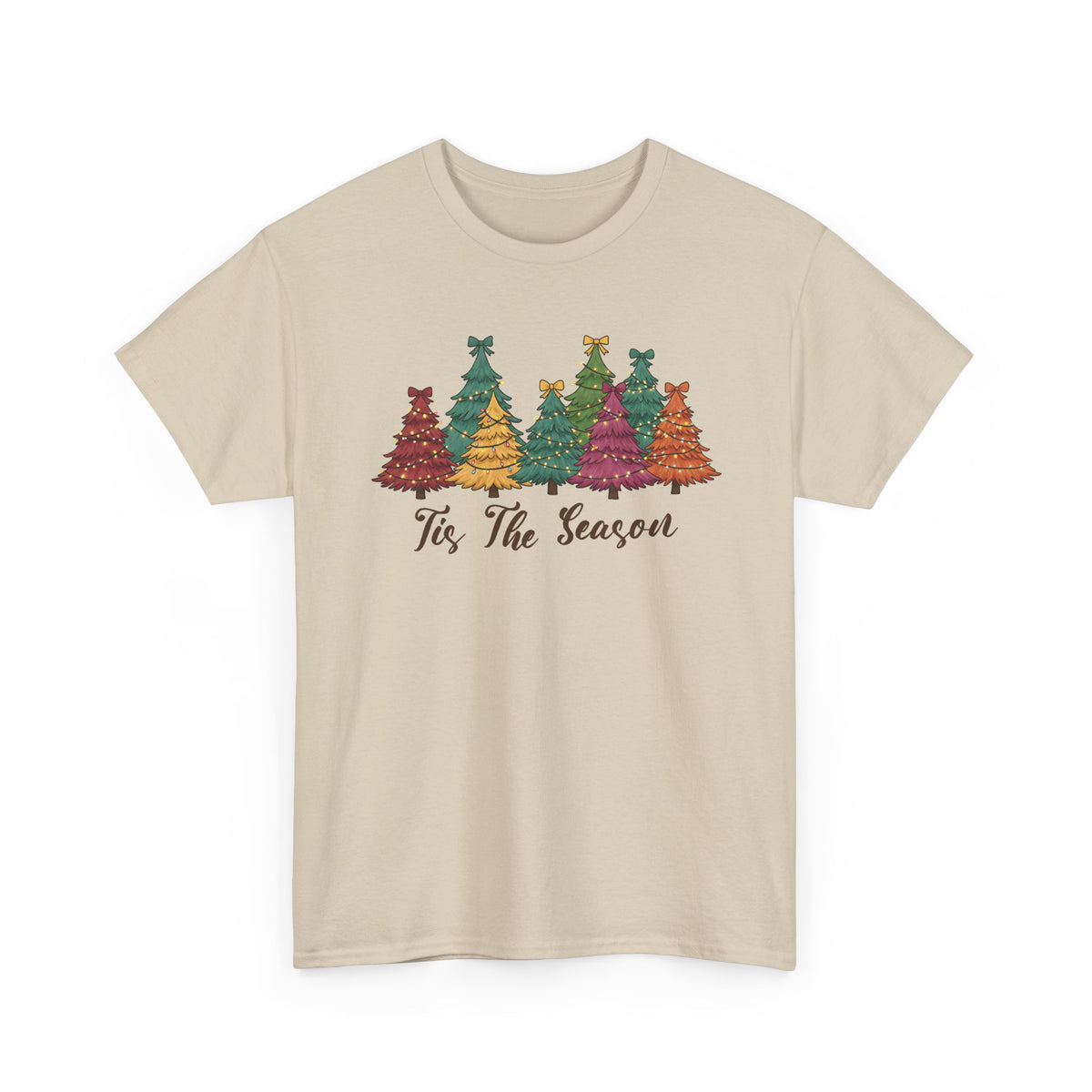 Sand Tis The Season Christmas Trees t-shirt with colorful patterned Christmas trees and script lettering, front view