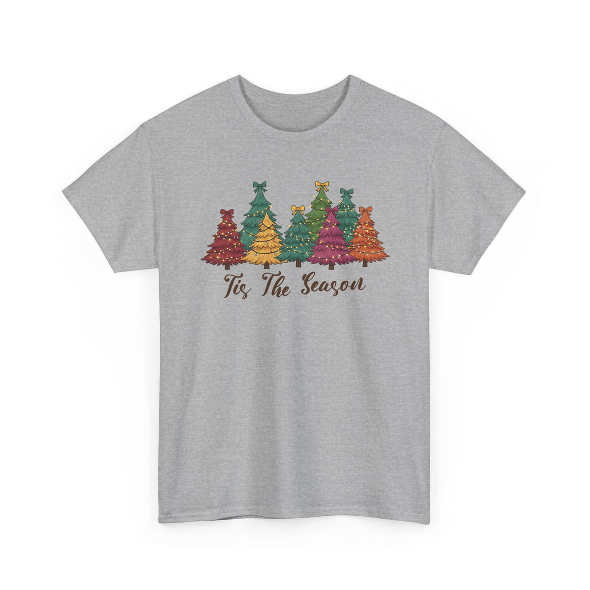 Sport Grey Tis The Season Christmas Trees t-shirt with colorful patterned Christmas trees and script lettering, front view