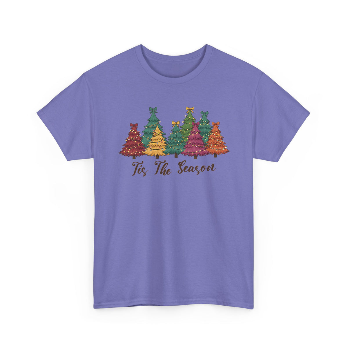 Violet Tis The Season Christmas Trees t-shirt with colorful patterned Christmas trees and script lettering, front view