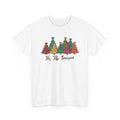 White Tis The Season Christmas Trees t-shirt with colorful patterned Christmas trees and script lettering, front view