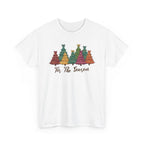 White Tis The Season Christmas Trees t-shirt with colorful patterned Christmas trees and script lettering, front view