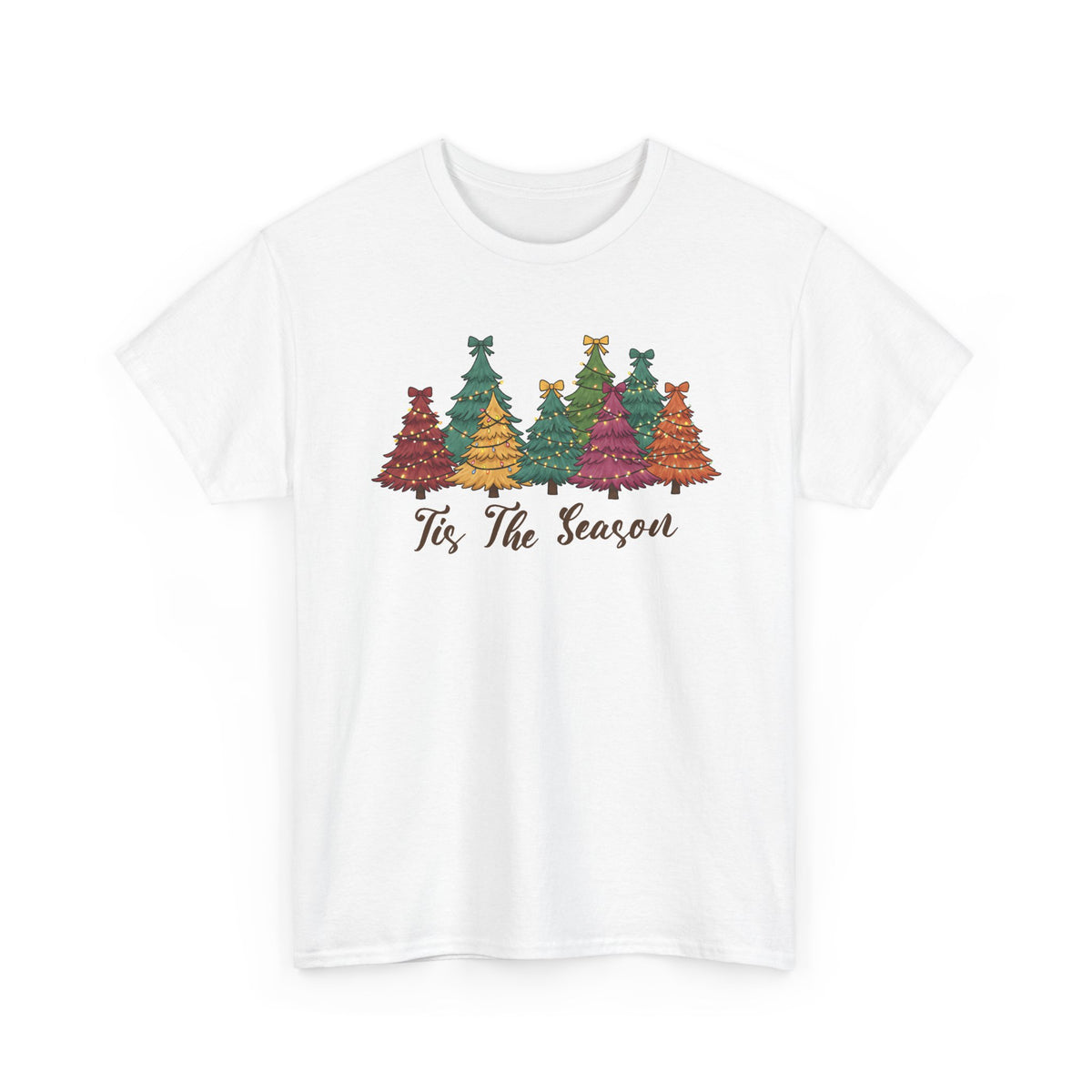 White Tis The Season Christmas Trees t-shirt with colorful patterned Christmas trees and script lettering, front view