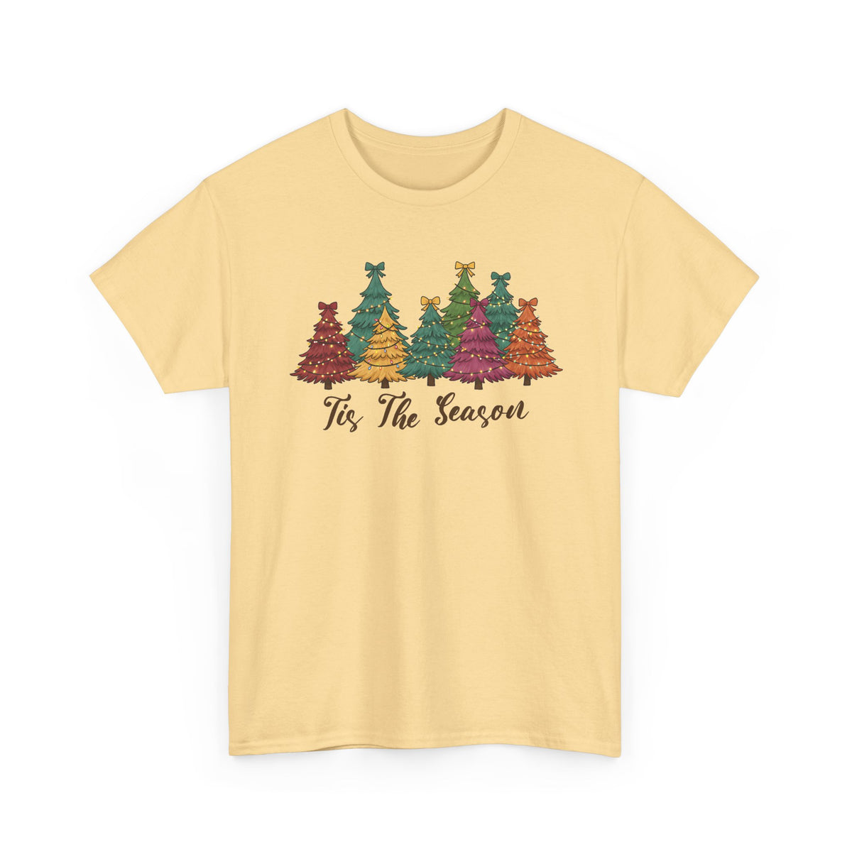 Yellow Haze Tis The Season Christmas Trees t-shirt with colorful patterned Christmas trees and script lettering, front view