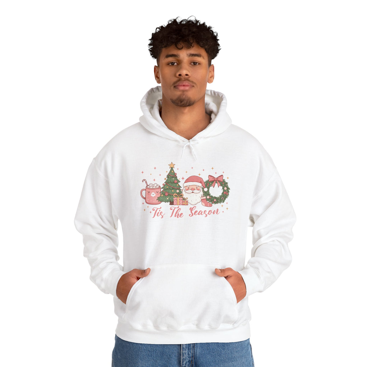 Model wearing the white Tis The Season Cute Christmas Hoodie