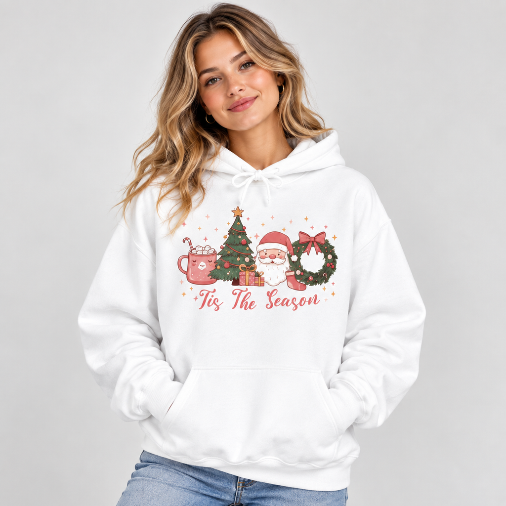 Woman wearing the Tis The Season Cute Christmas Hoodie with jeans