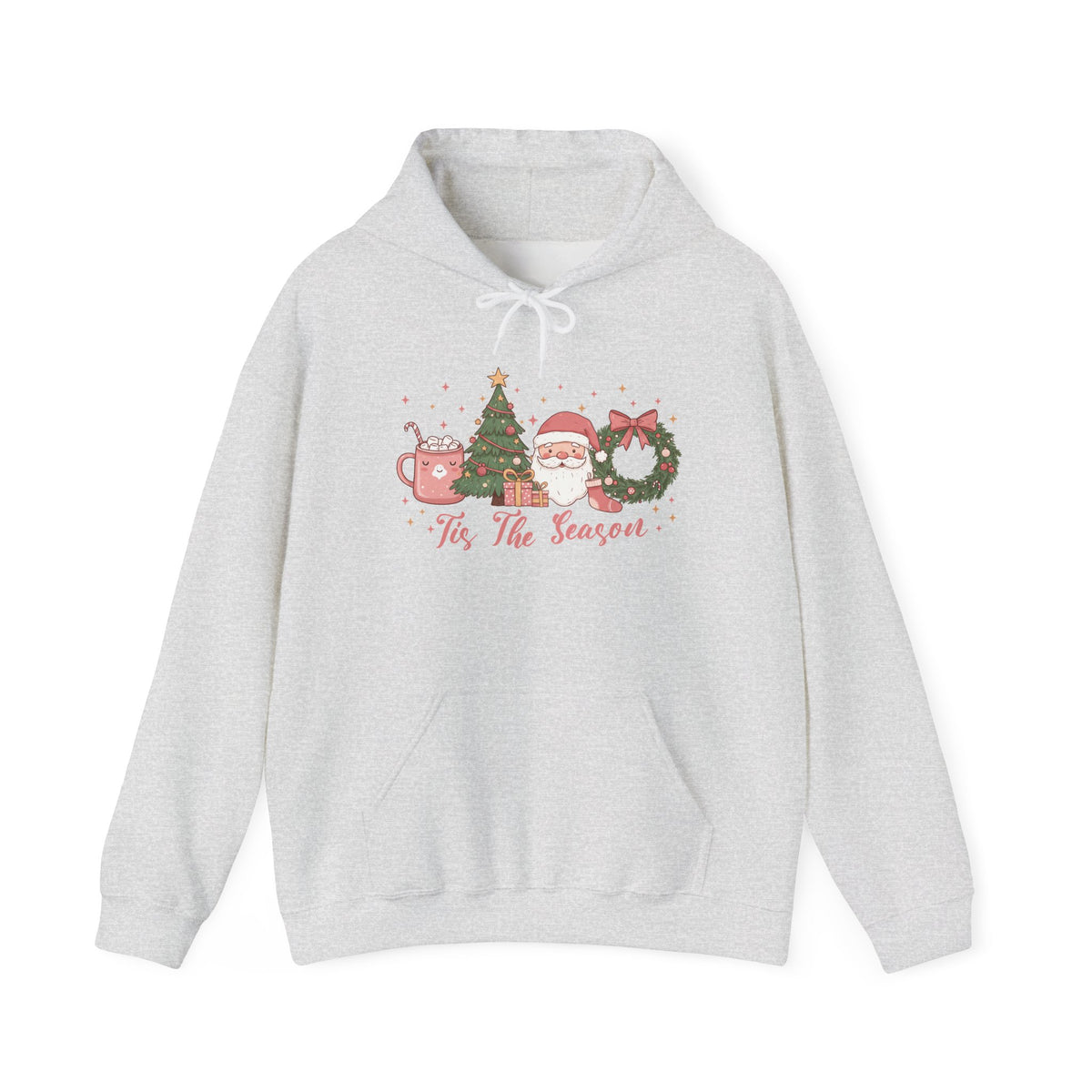 Ash Tis The Season Cute Christmas hoodie with a pink hot cocoa mug, Christmas tree, Santa and wreath, front view